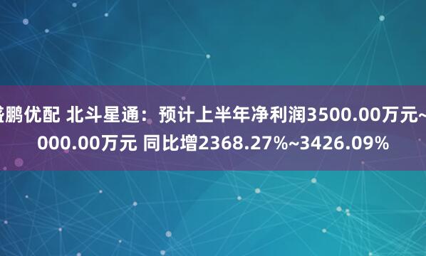 盛鹏优配 北斗星通：预计上半年净利润3500.00万元~5000.00万元 同比增2368.27%~3426.09%